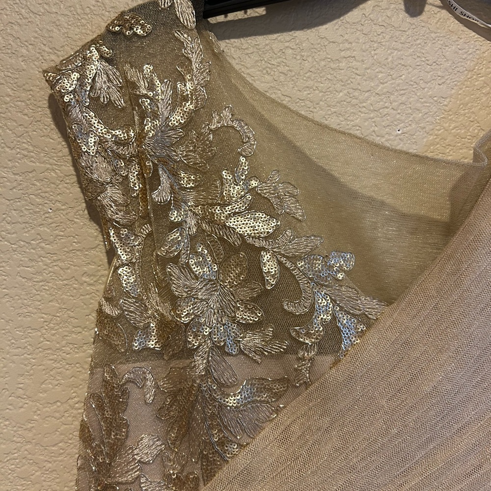 Tadashi Shoji Gold One Shoulder Pleated Gown - Picture 4 of 8